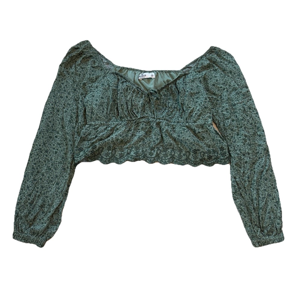 Hollister Y2K Babydoll Top Sz Large Boho Peasant Green Floral Fairycore Cropped